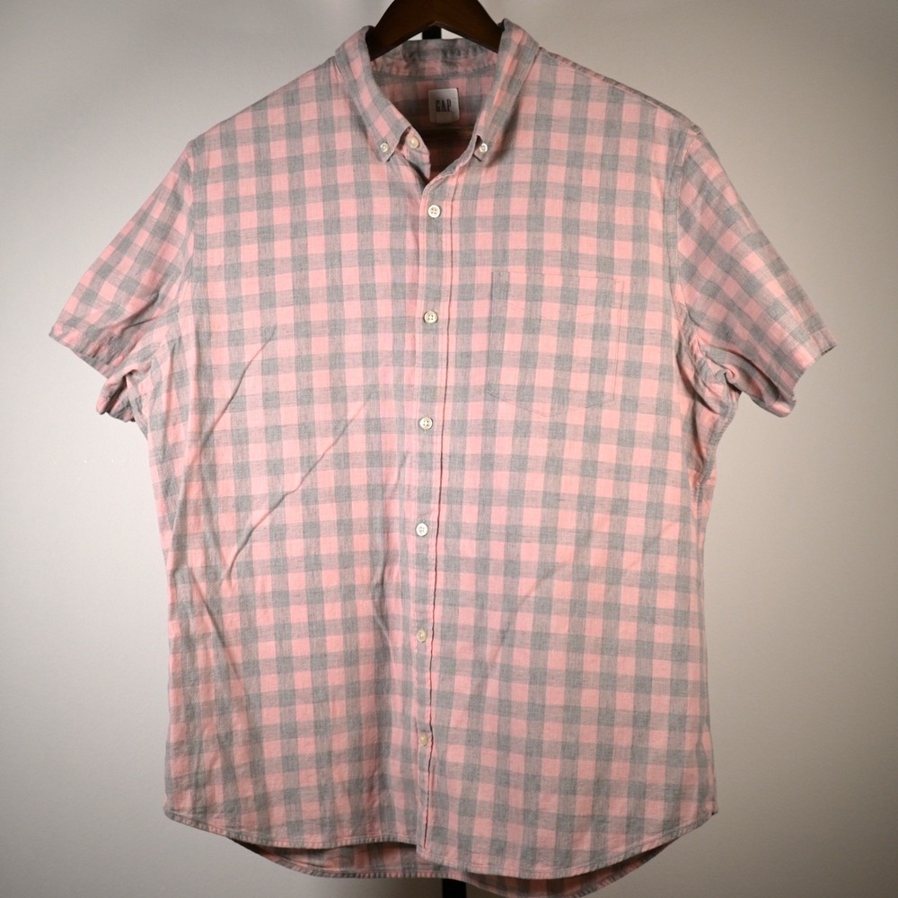 GAP Mens XL Pink Grey Buffalo Check Plaid Short Sleeve Button Down Cotton Shirt
